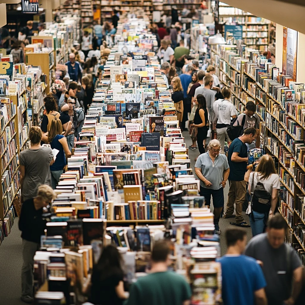 Crowded Bookstore Aisles