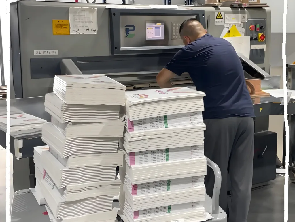 Un técnico de imprenta inspecciona la calidad de un libro impreso.